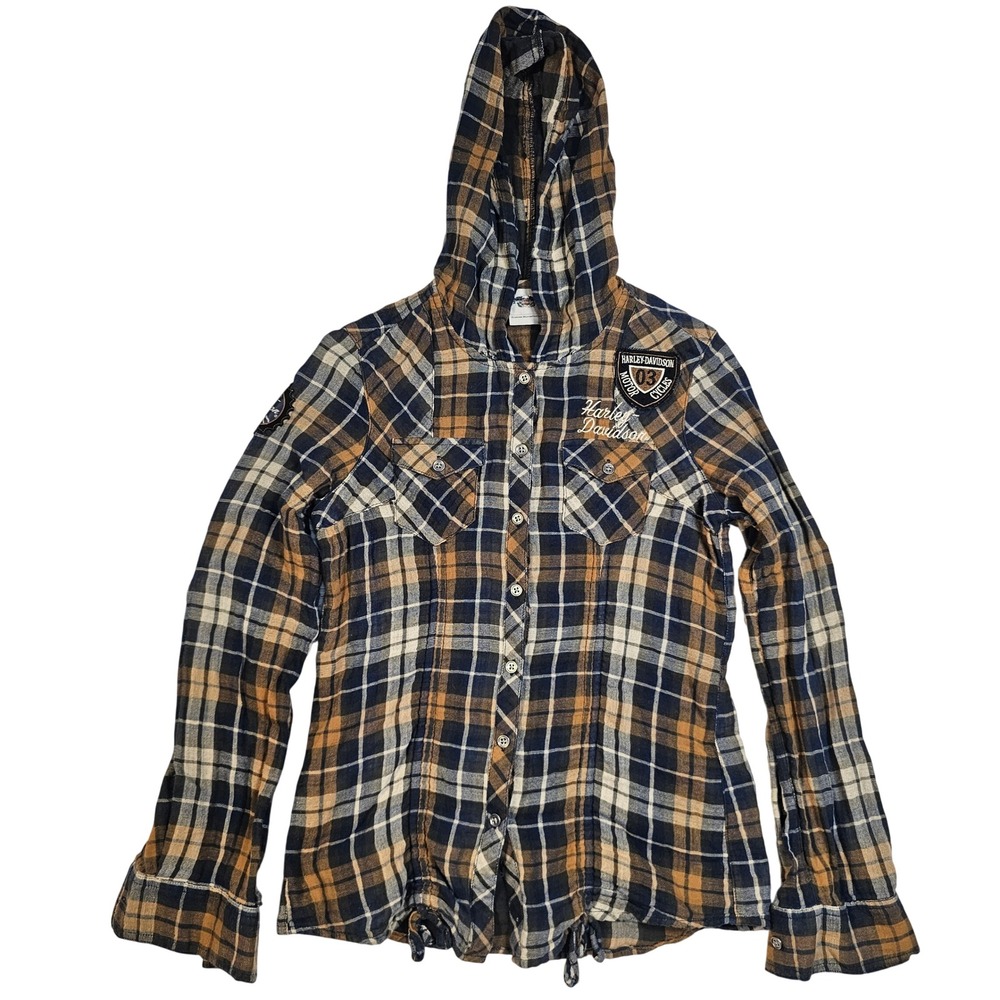 Harley Davidson Womens S Hooded Flannel Shirt Plaid Button Up Blue Orange Cotton